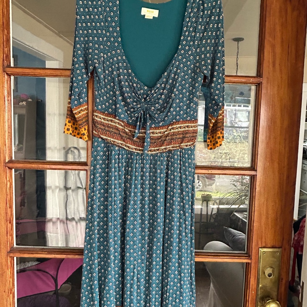 Anthropologie Teal and Orange Long Sleeve Dress